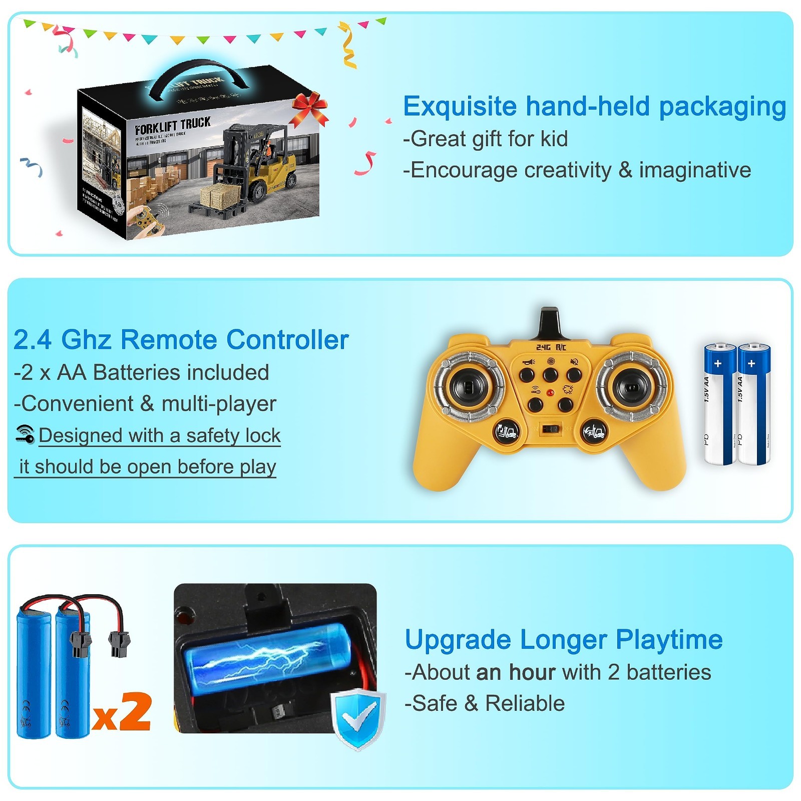 2-in-1 RC Forklift Truck Toy – Remote Control Lift & Hook, 11 Channels, Lights,