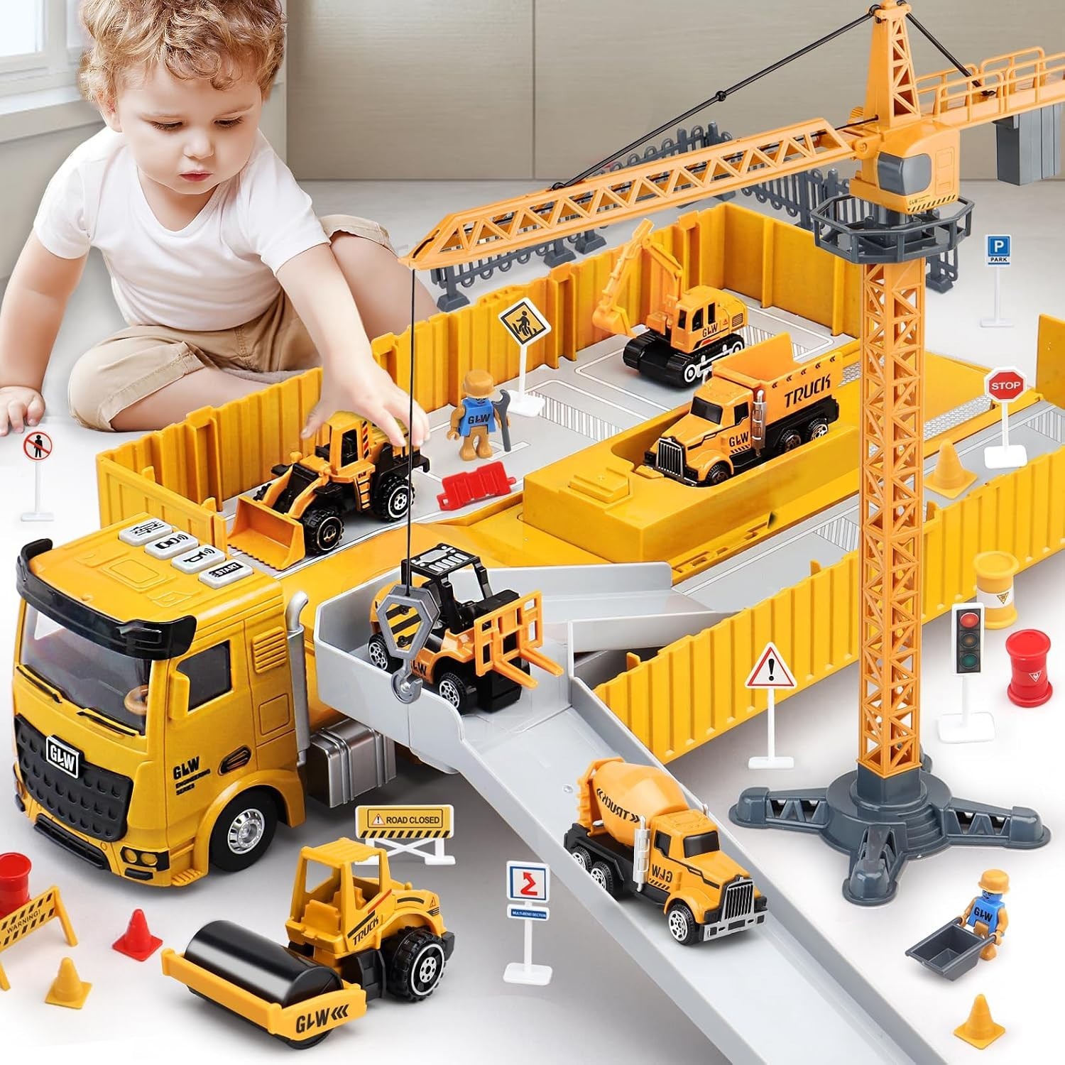 Kids Construction Truck Toys Set w Crane Excavator Forklift Bulldozer Dump