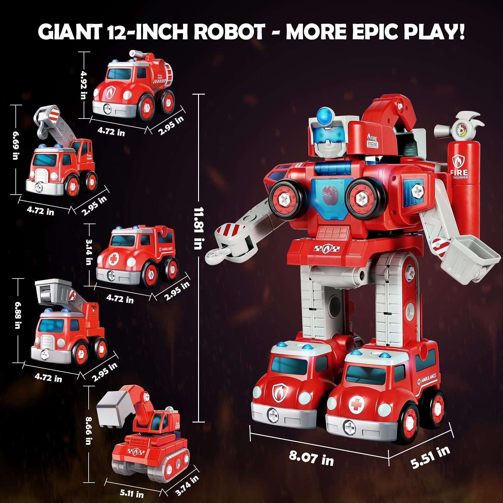 Transformers Toys for3 4 5 6 7 8 Year Old Boys, 5-in-1 Fire Truck Car Toys Ta…