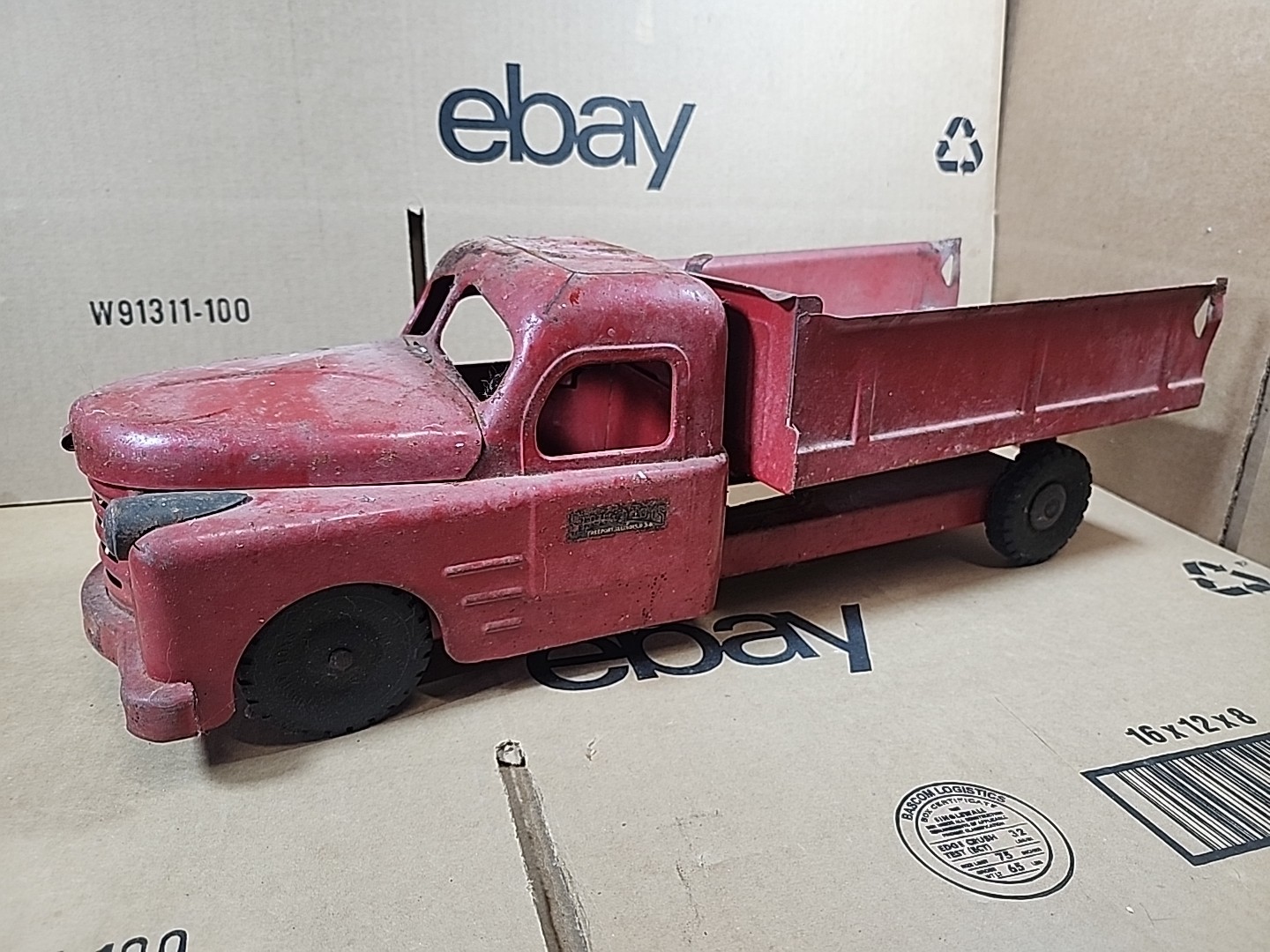 Vintage 1940s Structo Pressed Steel Original Red Tilt Bed Toy Dump Truck