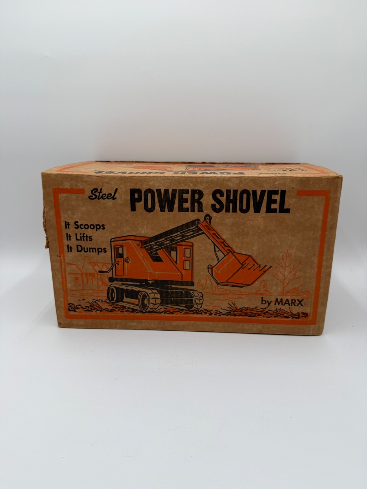 Vintage Steel Power Shovel Excavator Orange Comes with Original Box Very Nice!