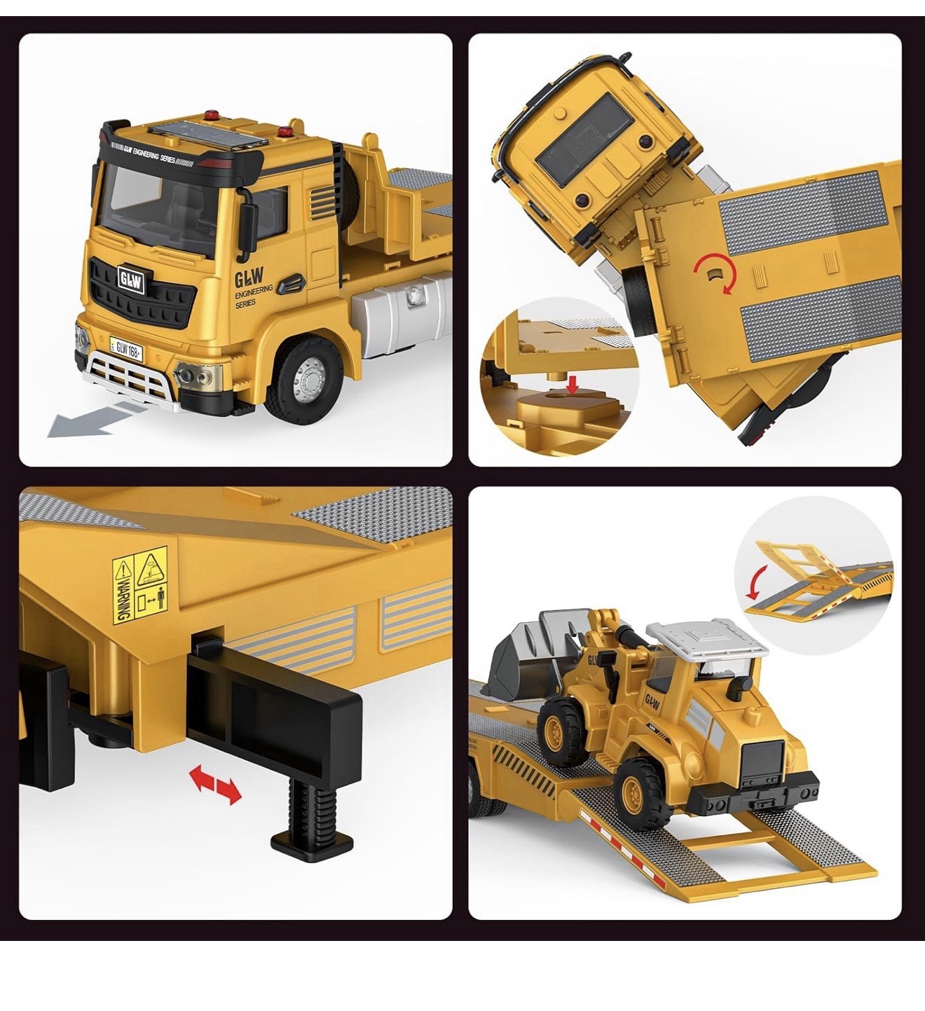 Alloy DieCast Construction Vehicles Toy Set w/Semi Truck, Excavator Loader Open