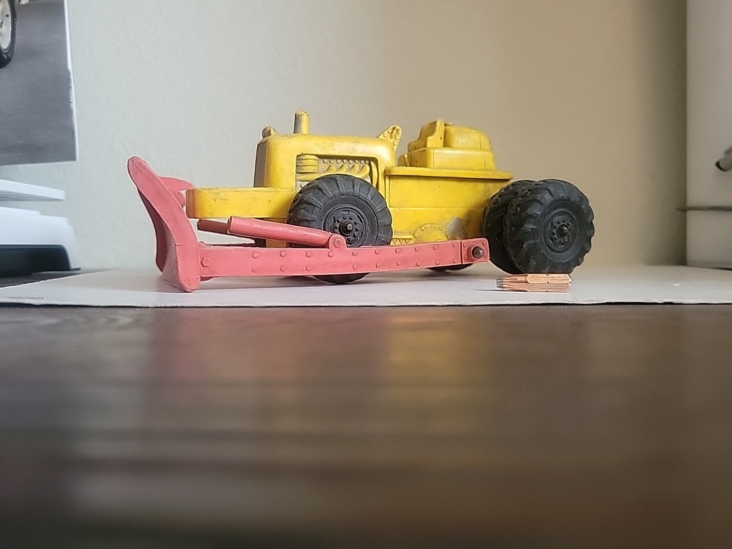 Vintage 8-inch Rubber Yellow Bulldozer Toy -unbranded, 6-tires