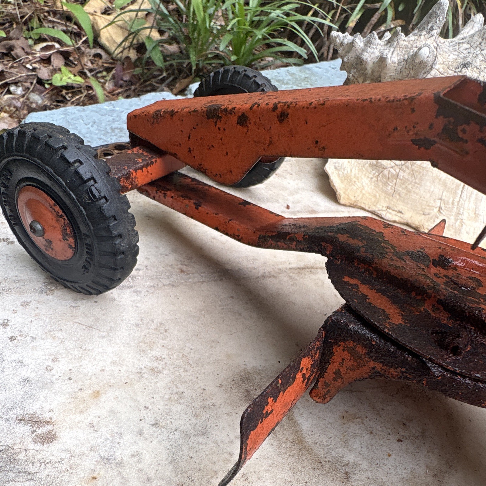Vintage Road Grader Construction Toy, Pressed Steel, Orange & Black Lumar tires