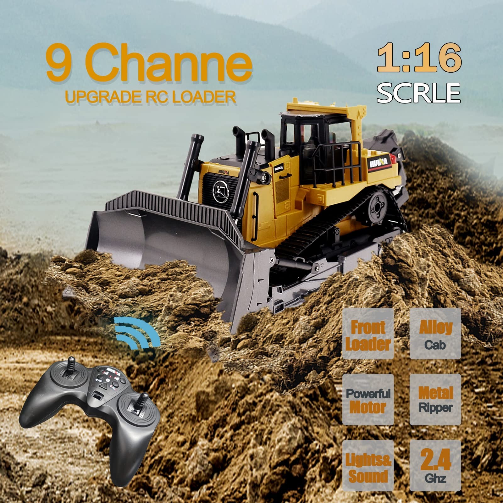 Remote Control Bulldozer RC 1/16 Full Functional Construction Vehicle, 9 Channel