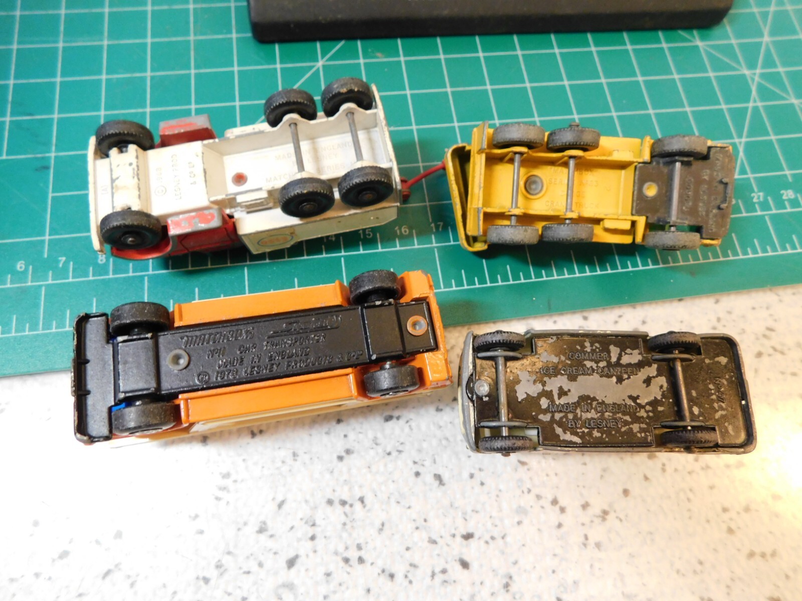 60’s Matchbox 4-Diecast Lot Tow Truck Car Transporter Ice Cream Truck & Crane