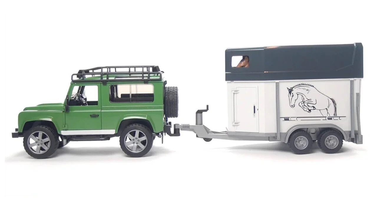Bruder #02592 Land Rover Defender Station Wagon with Horse Trailer and Horse –