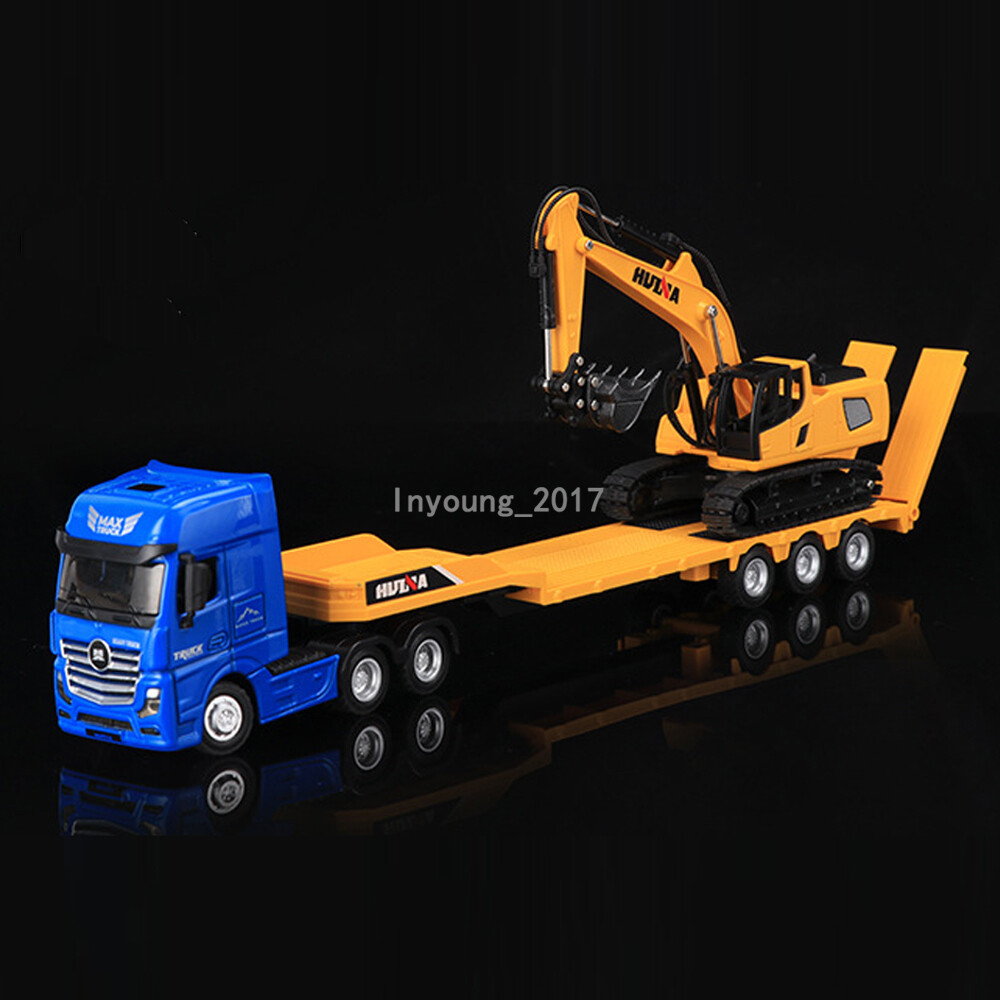 1:50 Flatbed Truck with Excavator Diecast Construction Toys Vehicle Playset Blue