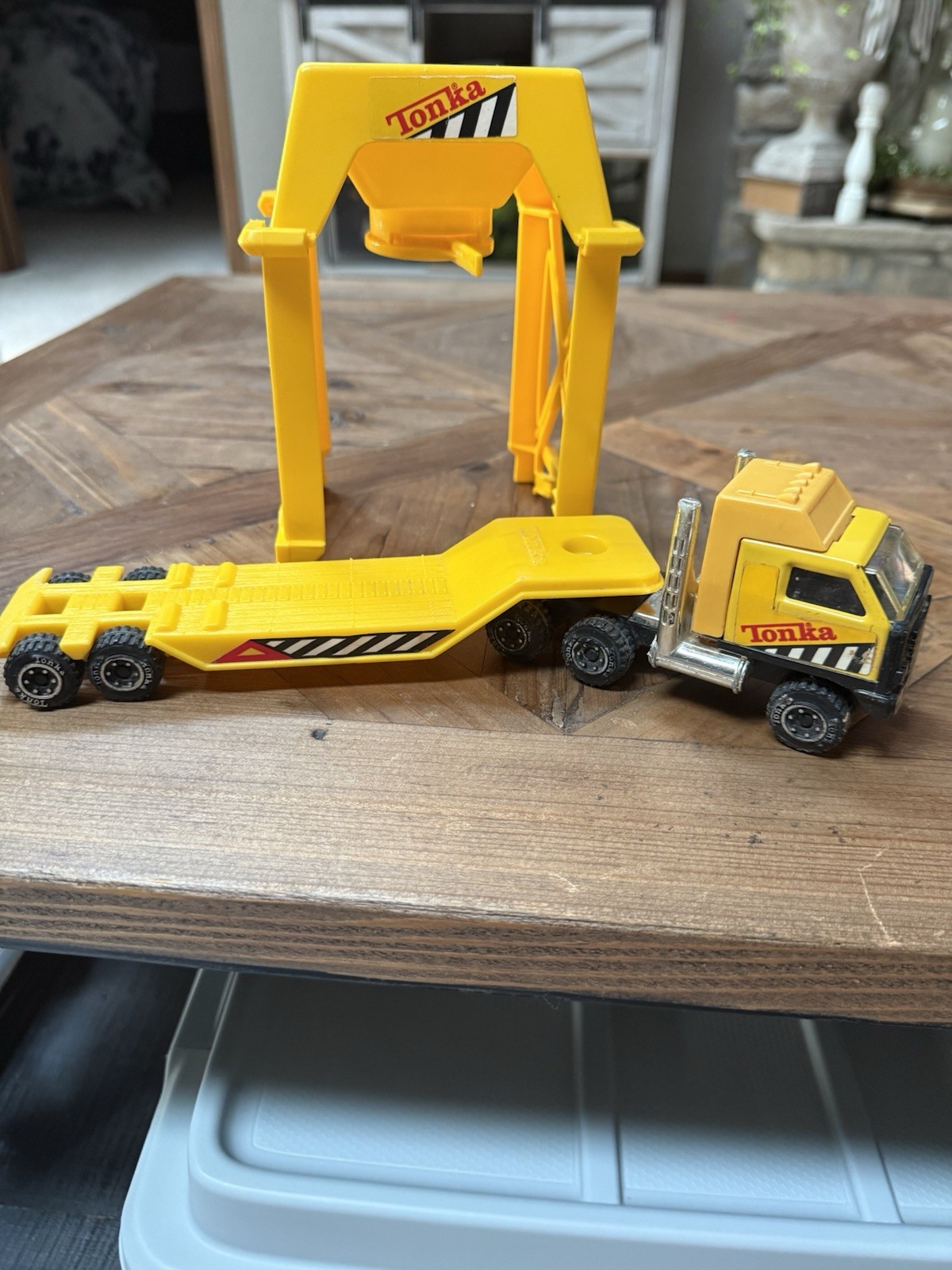 Tonka Vintage Yellow & Black Diecast Semi Truck with Lowboy Trailer