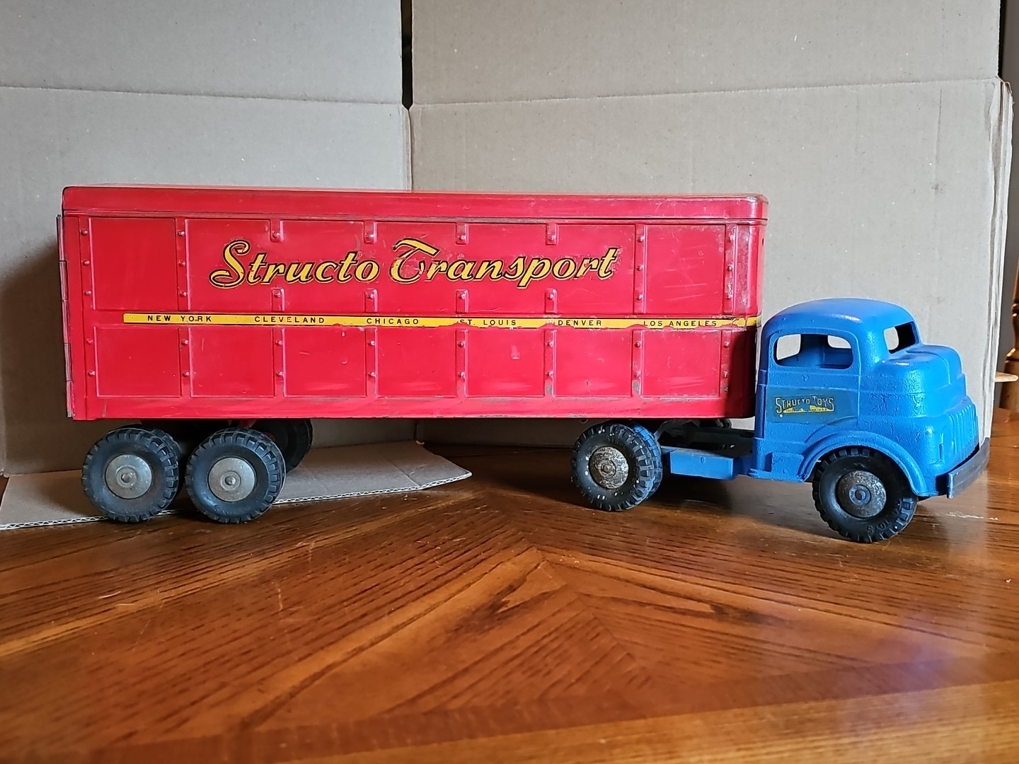 Vintage 1950s Structo Transport Blue Semi Truck + Red Trailer Pressed Steel USA