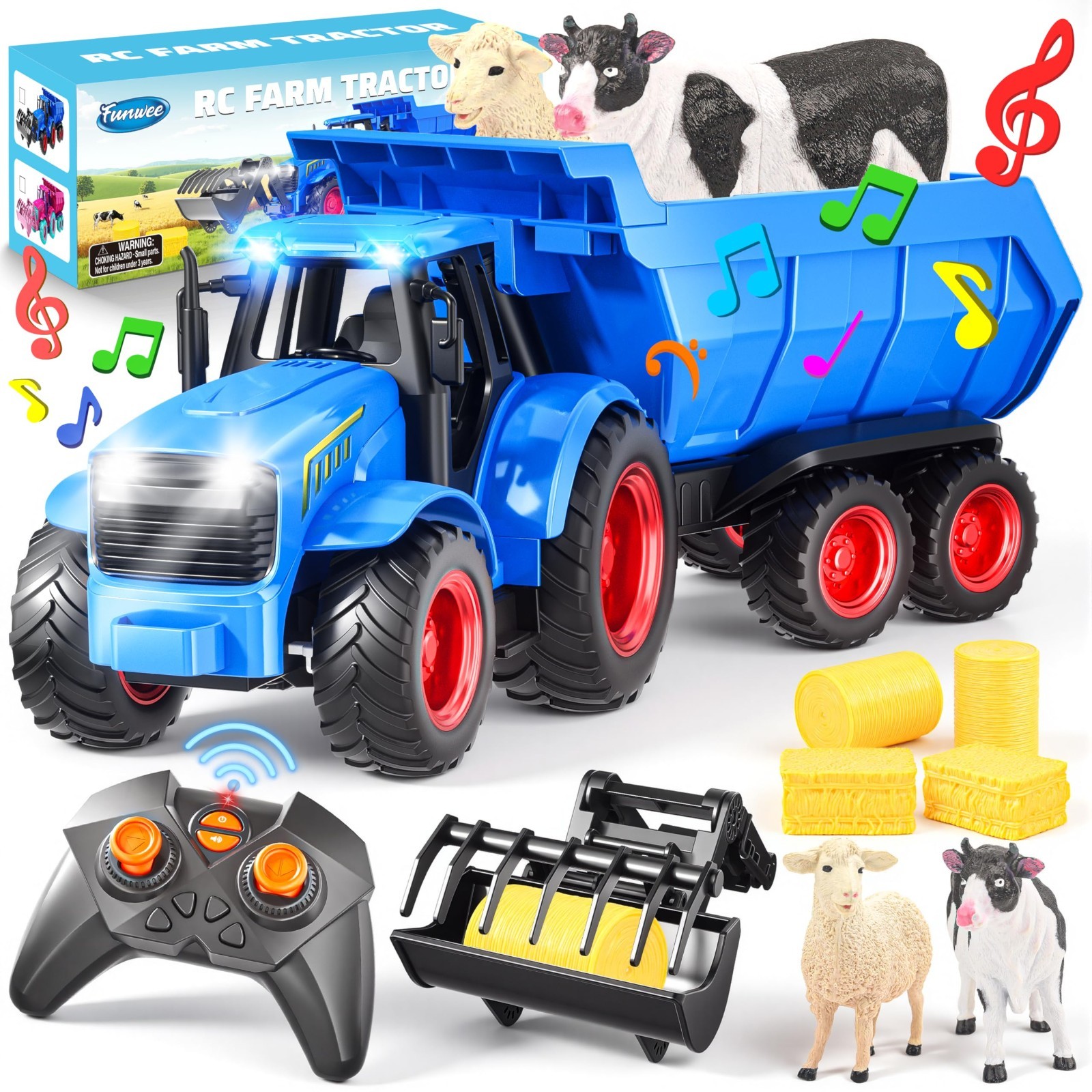 Remote Control Tractor Toy Set with Lights & Sounds, Farm Animal Trailer for Kid