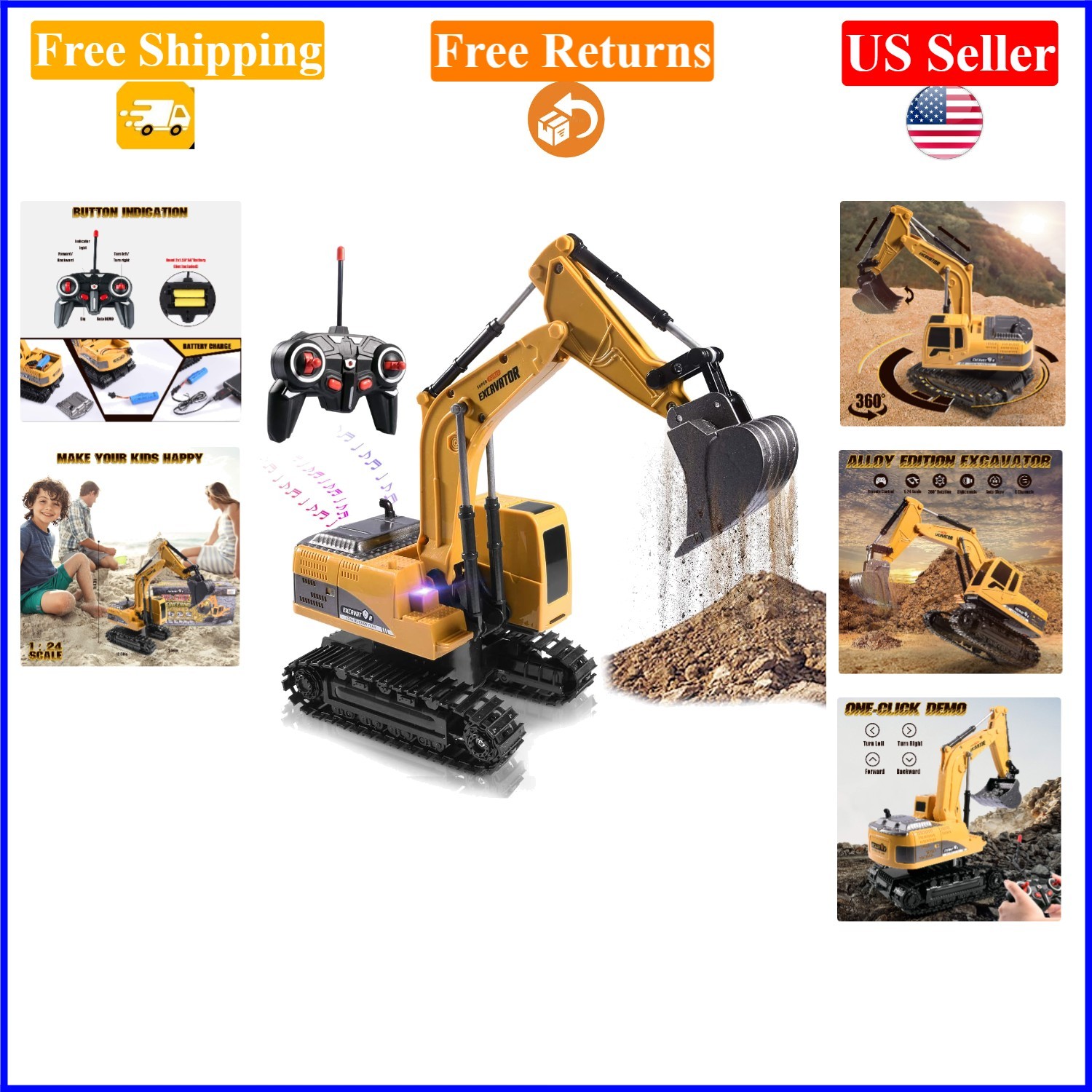 Kids RC Construction Excavator Toy, Rechargeable, Suitable for Ages 3-8