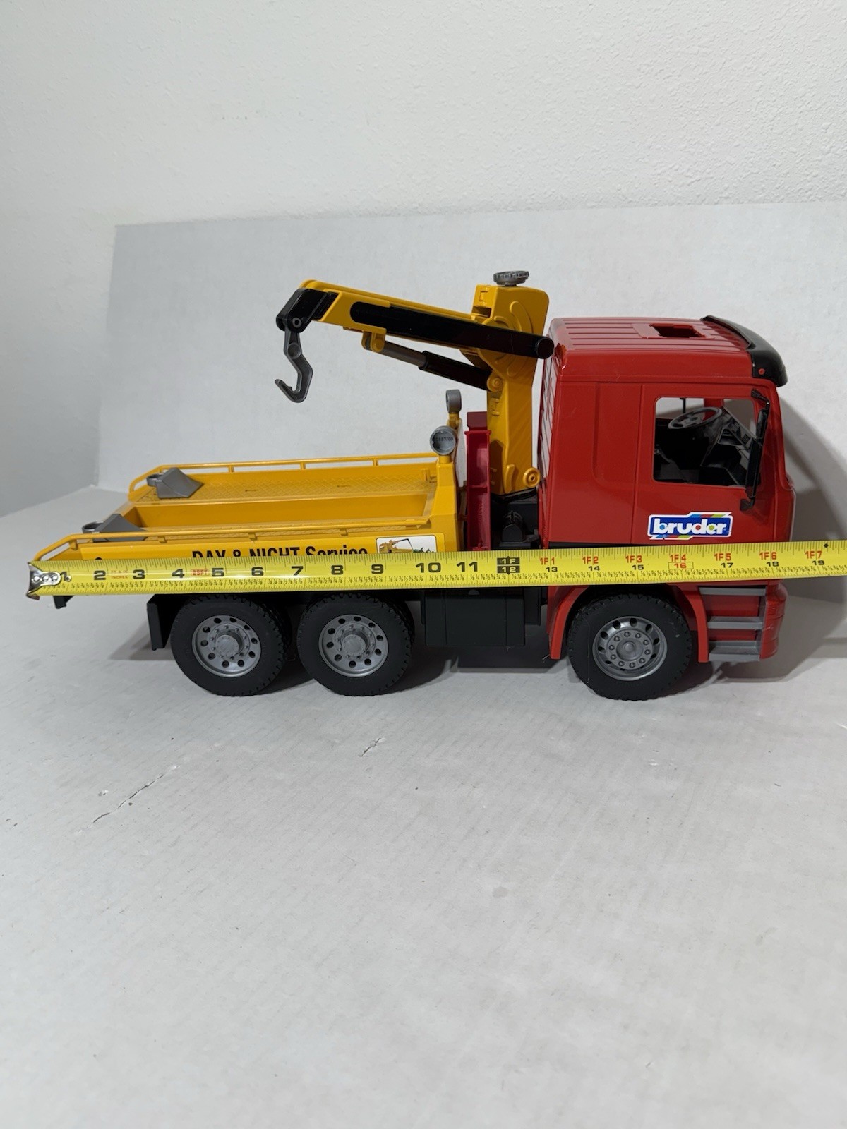 2001 Bruder Day & Night Service Wrecker Tow Truck 19″ Yellow & Red Germany 4143