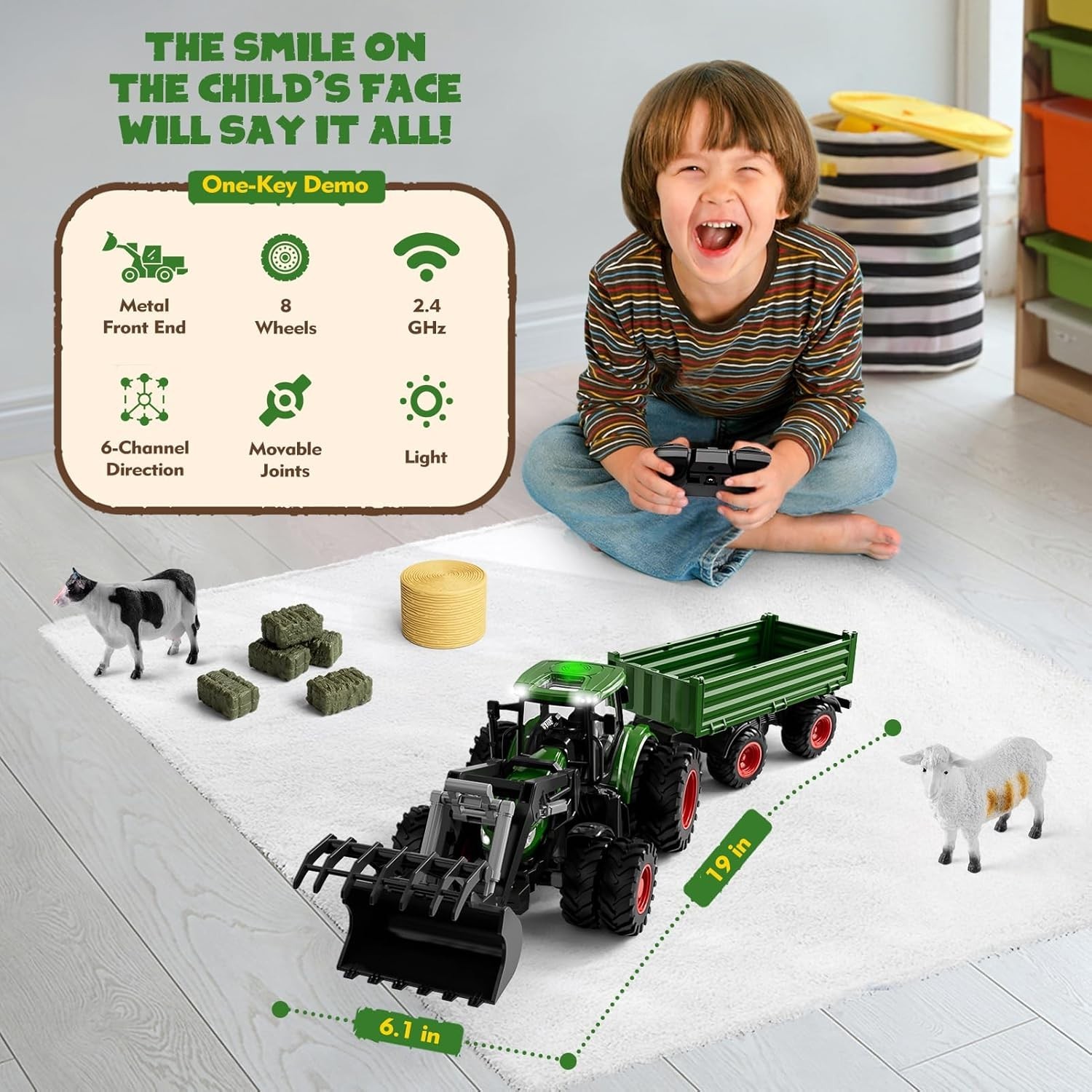 Realistic 8-Wheel RC Tractor with Metal Loader & Lights – Perfect Gift for Kids