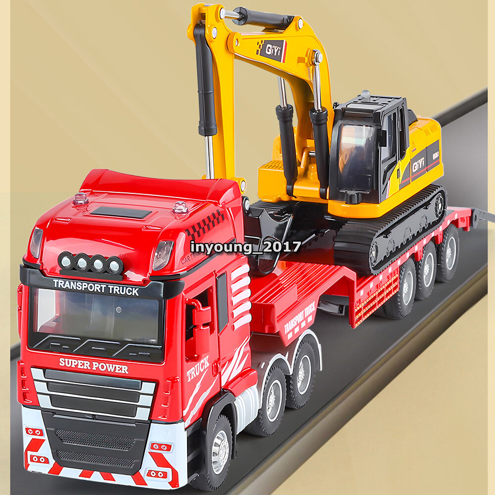 Flatbed Truck with Excavator Playset Diecast Toy Cars Toys for Boys Kids Red