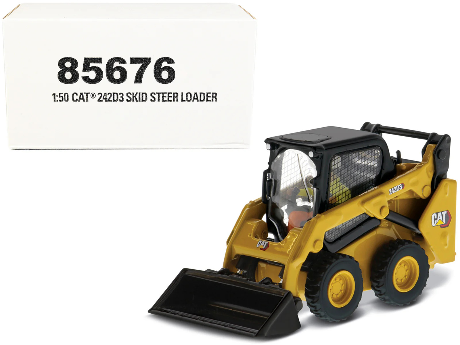 CAT Caterpillar 242D3 Wheeled Skid Steer Loader with Work Tools and Operator Yel