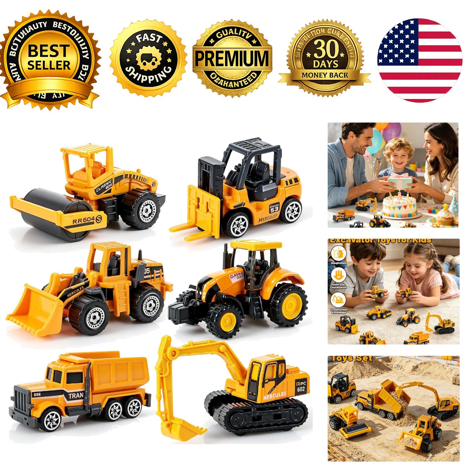 6 Pack Mini Excavator Diecast Construction Toys Alloy Truck Model Set Boys Age