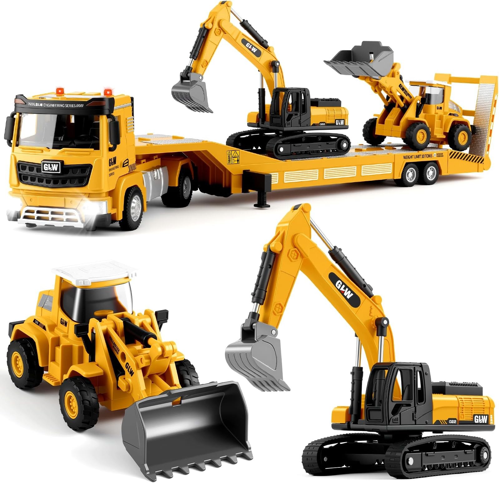 Lowboy Trailer with Excavator & Wheel Loader: 1:40 Alloy Construction Set – I…