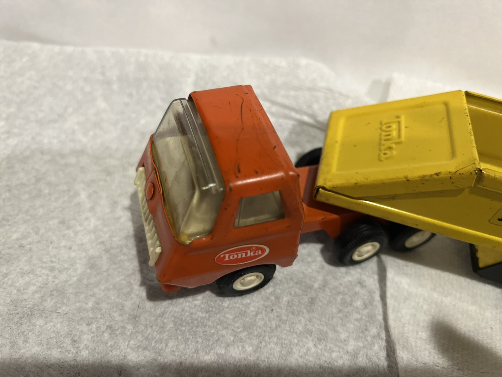 Vintage Metal Orange Tonka Truck With Bottom Dump trailer