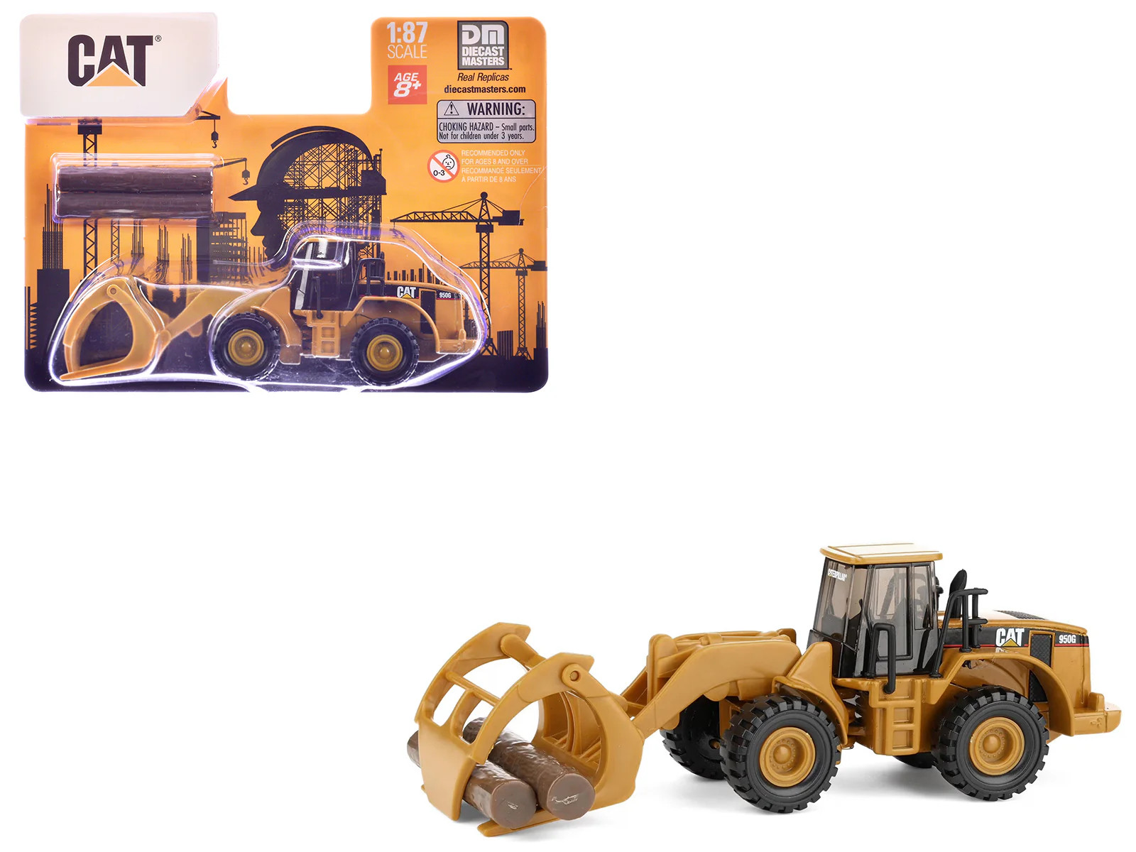 CAT Caterpillar 950G Wheel Loader Yellow with Log Fork and Wood Log Accessories