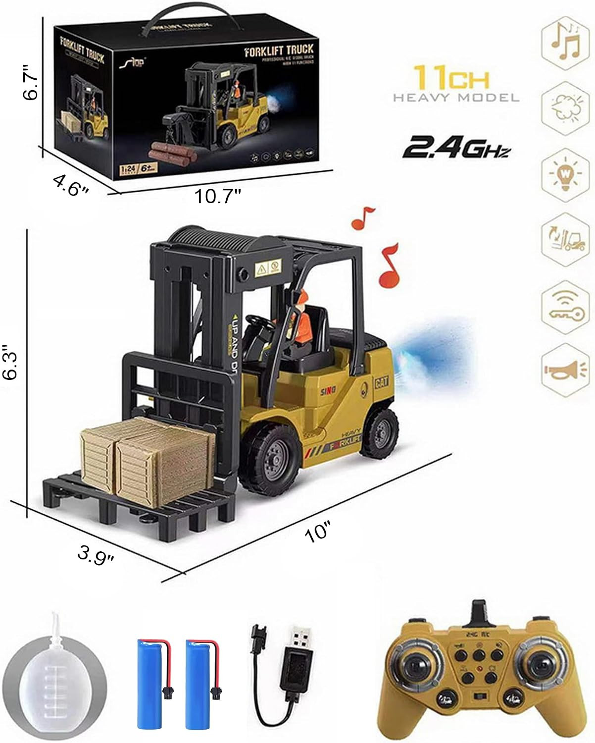 11 Channel RC Forklift – 1:24 Scale Construction Truck Toy, Yellow, 3+ Years