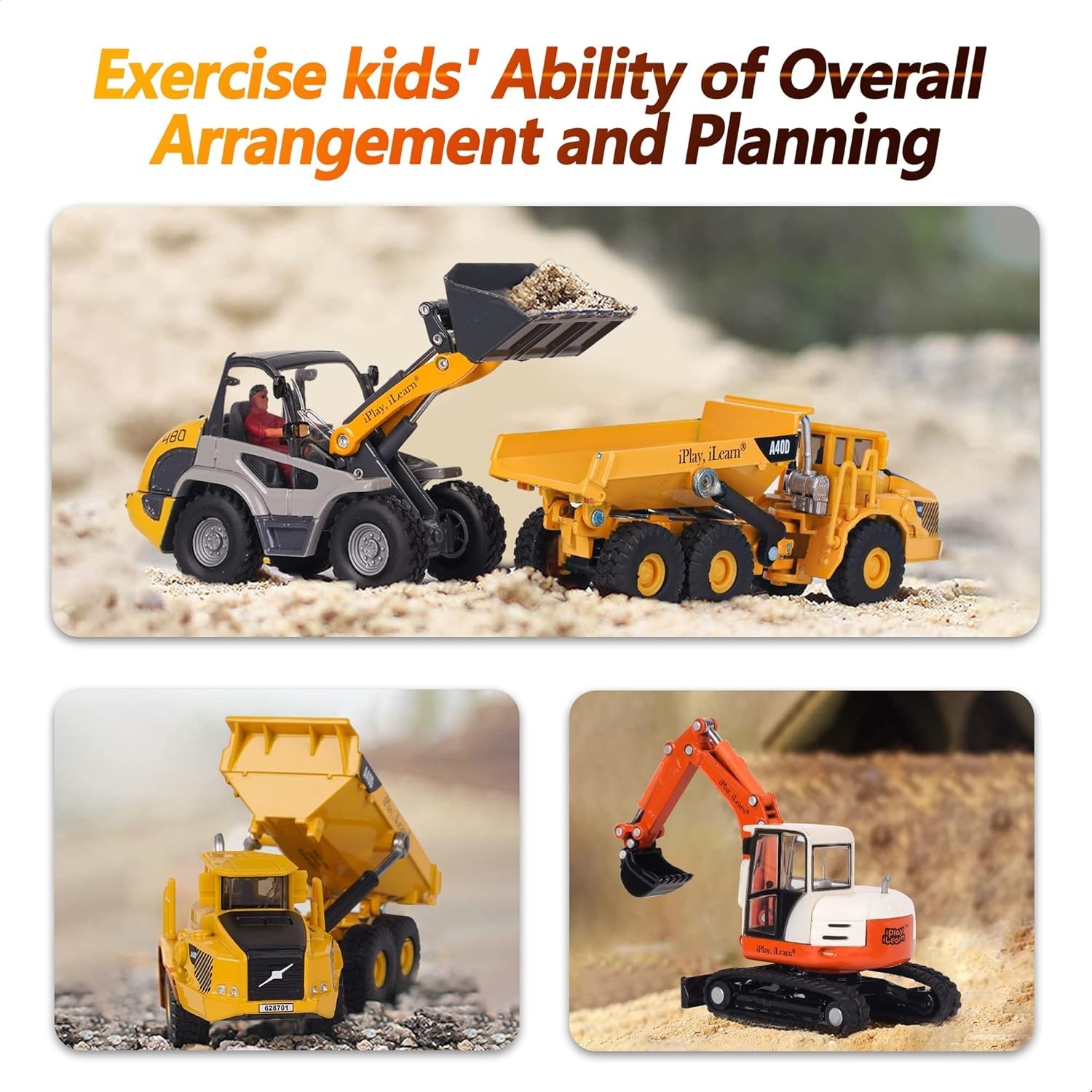 Heavy Duty Construction Site Playset, Metal Dump Truck, Excavator Digger Back…
