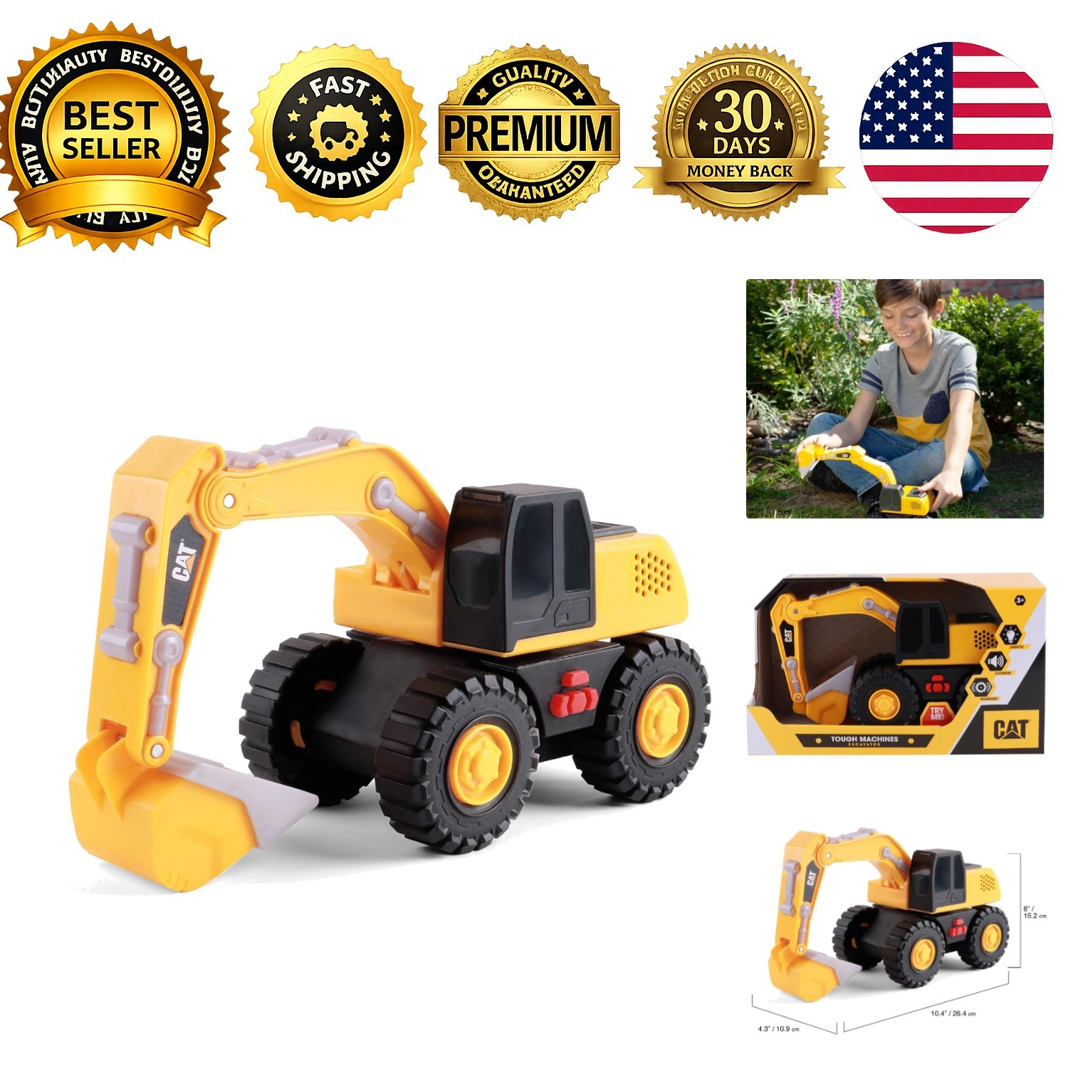 CAT Construction Toys Tough Machines Excavator 10in Realistic Lights Sounds