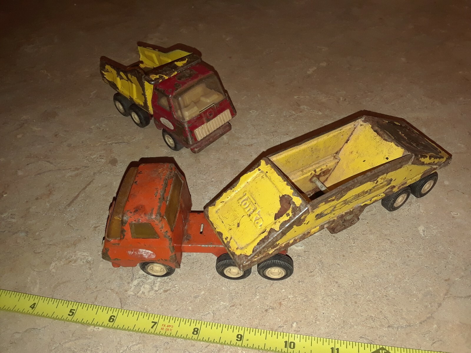 Vintage Tonka Lot: Orange Semi Cab, Yellow Bottom Dump, Red/Yellow Dump Truck