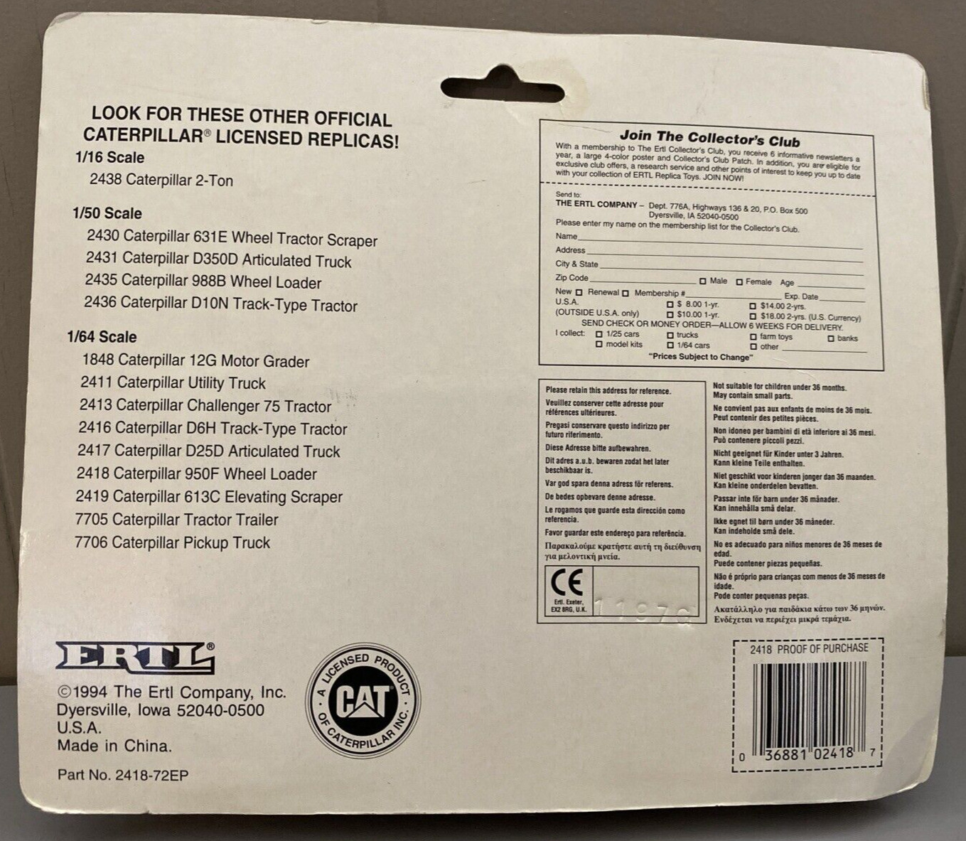 1994 ERTL CAT Caterpillar 950F Wheel Loader 1:64