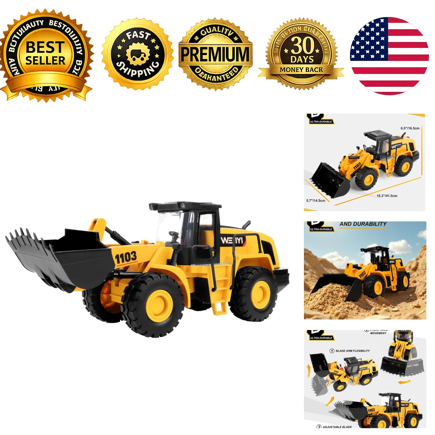 16in Bulldozer Toy 1:10 Scale Classics Front Loader Real Working Arm Bucket