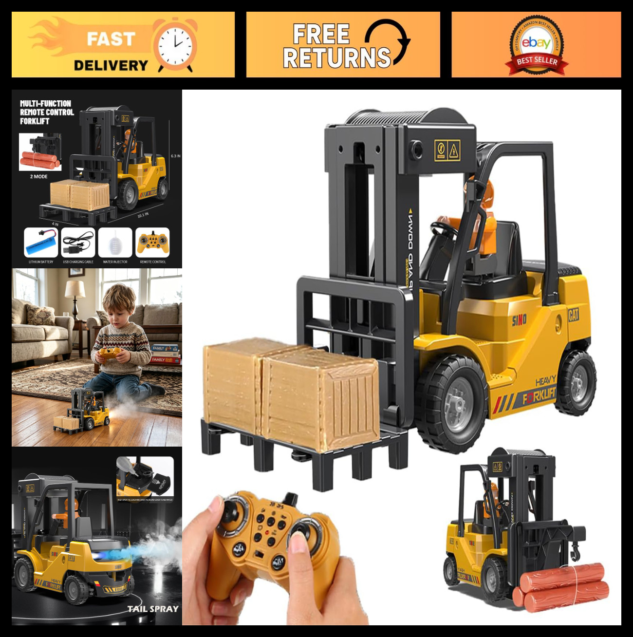 2-in-1 RC Forklift Toy with Light, Sound & Spray – Remote Control Construction V