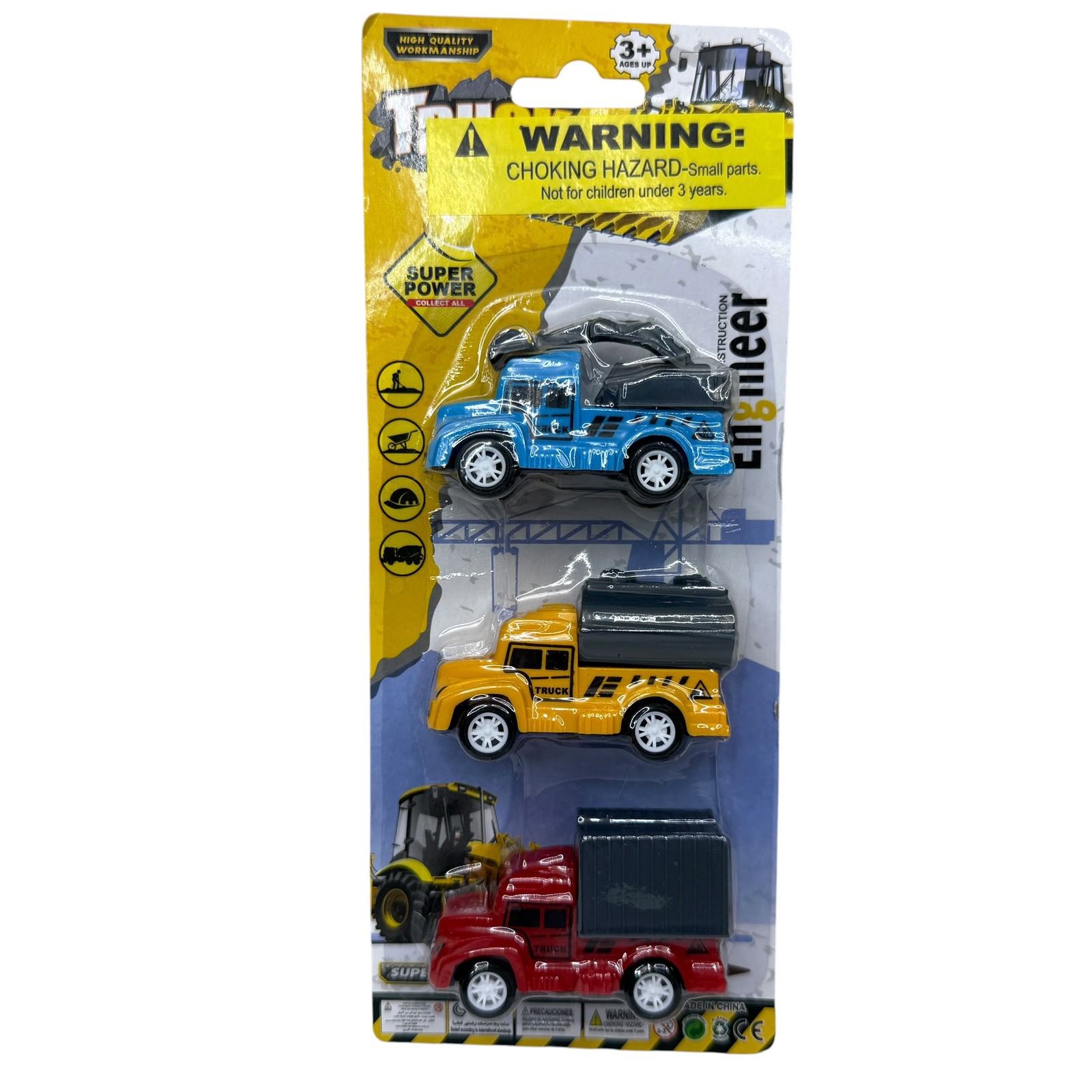 Super Power Construction Engineer Diecast Truck Set 3-Pack Blue Yellow Red Toy