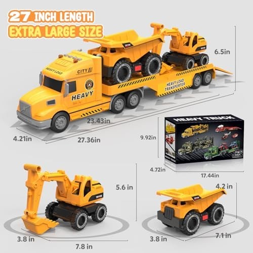 27-In Semi Construction Truck 3-in-1 Excavator Dump Truck Lights Sounds Yellow