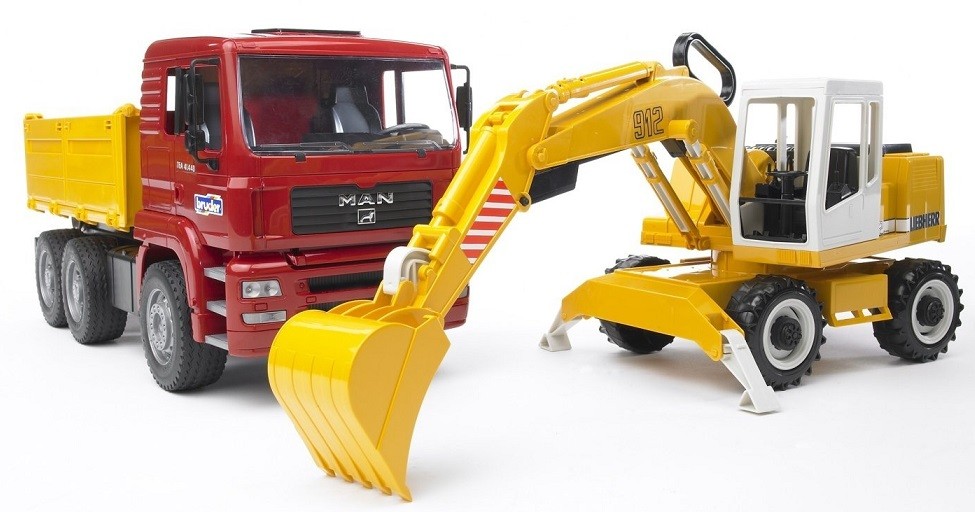 BRUDER – MAN TGA 6×4 dump truck with Liebherr 912 excavator on tires toy BRU…