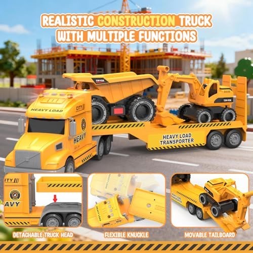 27-In Semi Construction Truck 3-in-1 Excavator Dump Truck Lights Sounds Yellow