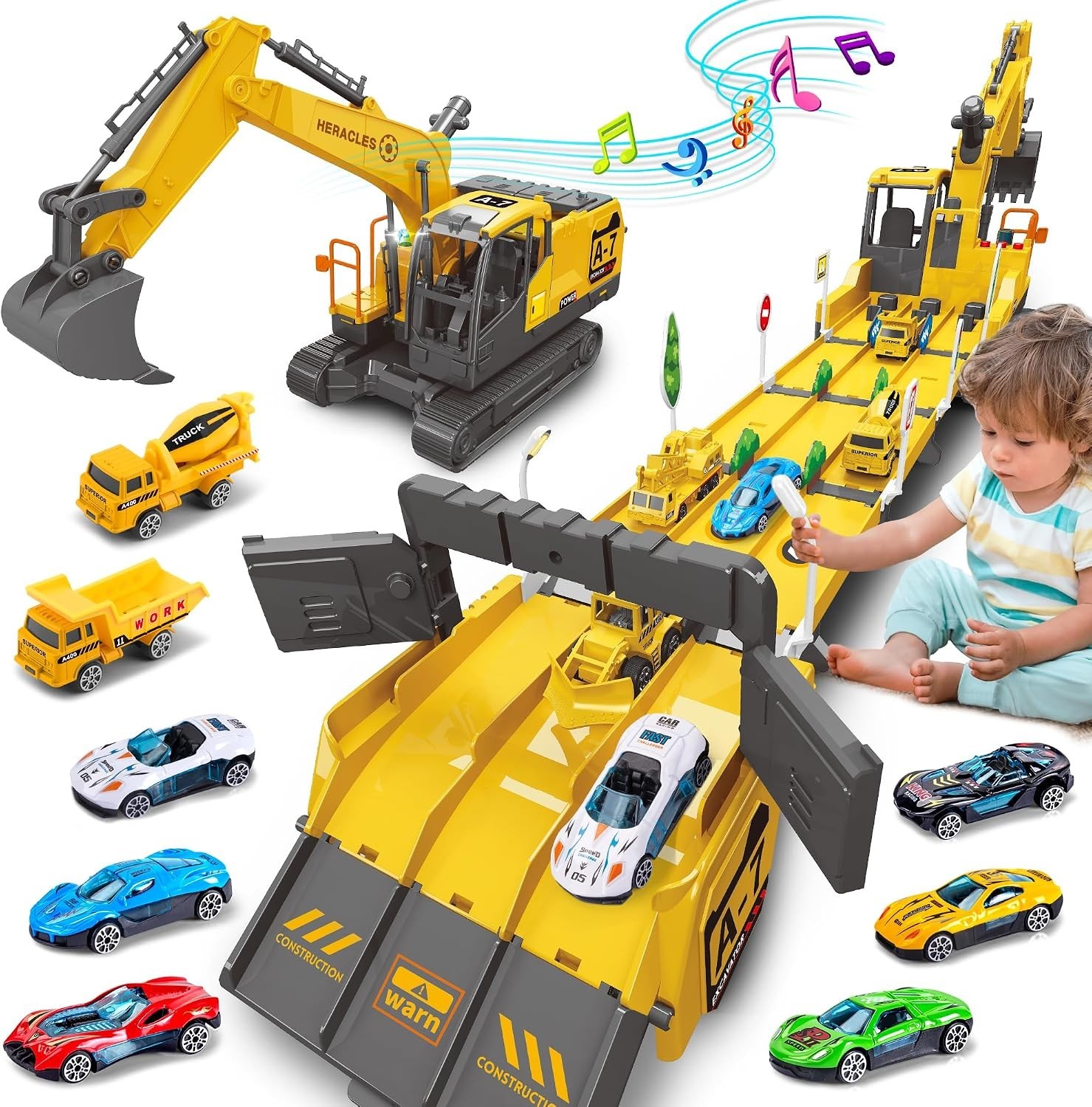 Toy Excavator Ejectable & Transformable +6 Cars + Tracks Lights & Sounds NIB