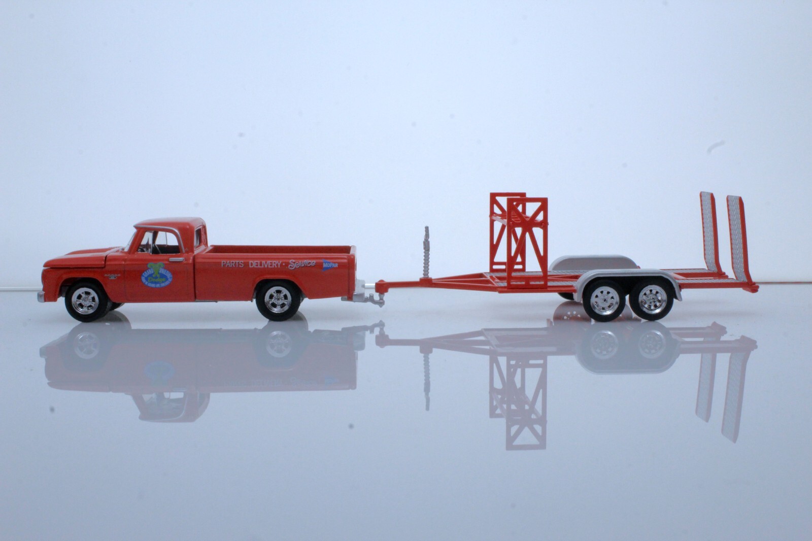 1967 Dodge D-100 Parts Delivery Service Pickup & Race Car Trailer, 1/64 Diecast