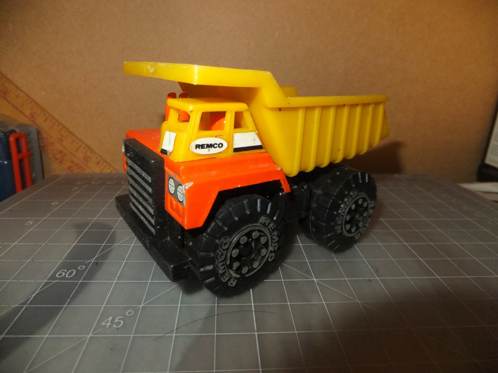 Vintage 1987 Remco Classic Yellow Dump Truck Chunky Plastic Diecast 4”