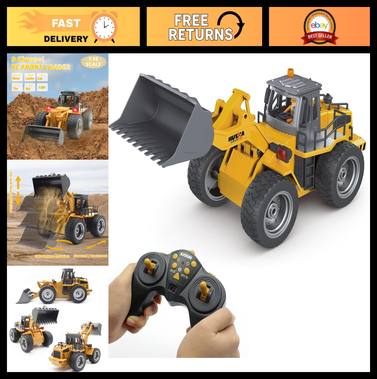 4WD RC Front Loader Tractor Toy, Alloy Shovel Bulldozer, 2.4GHz Remote Control V