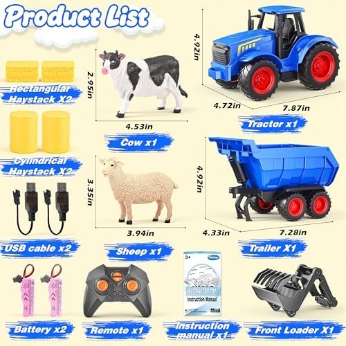 Remote Control Tractor Toy Set with Lights & Sounds, Farm Animal Trailer for Kid