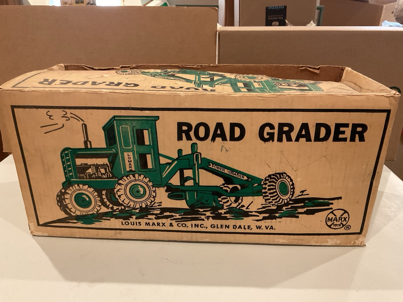 Vintage 1964 Louis Marx No. 1760 Pressed Steel Power Grader, Green, Original Box