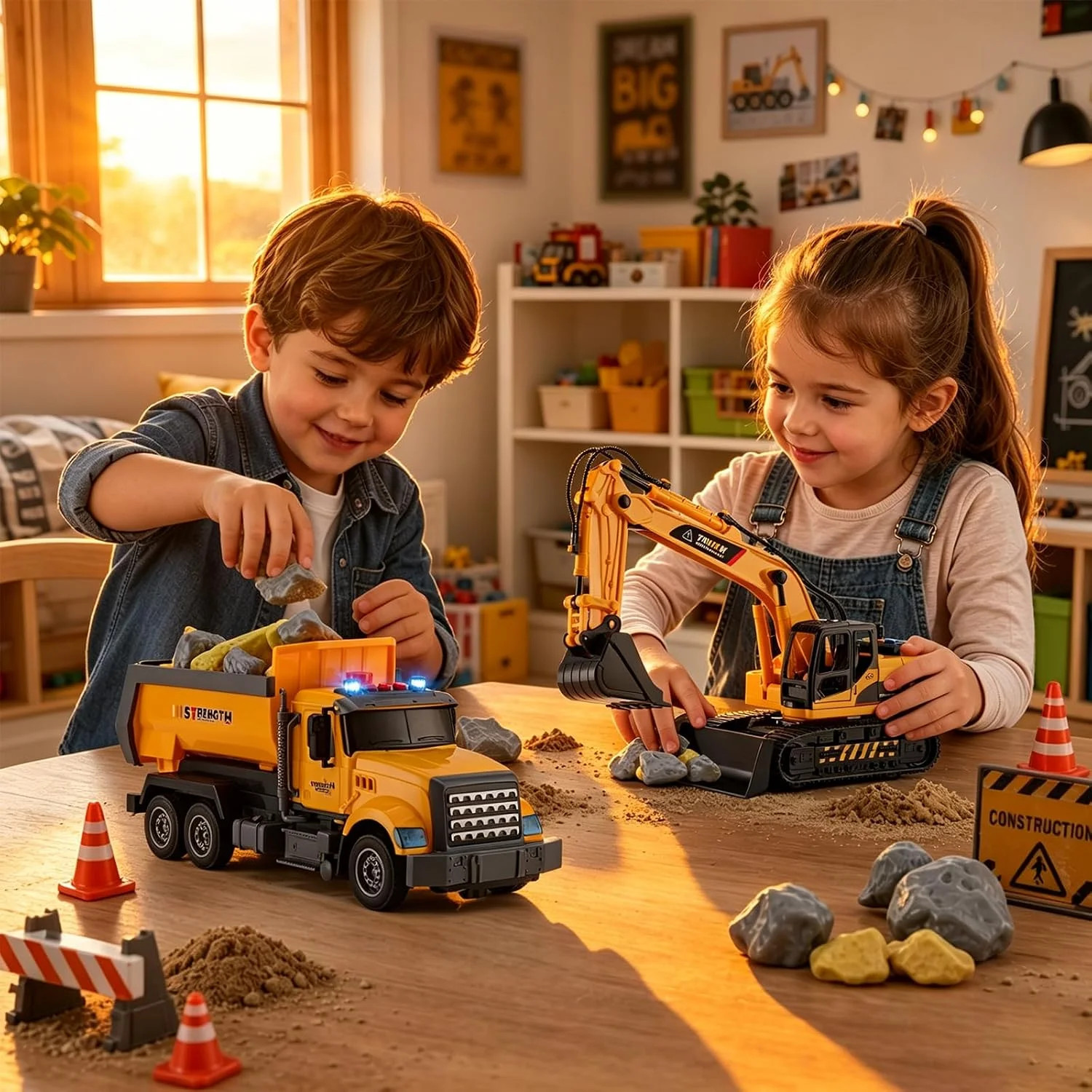 LerBao 2 Pack Large Construction Engineering Truck Toys,Moveable Claw Excavator