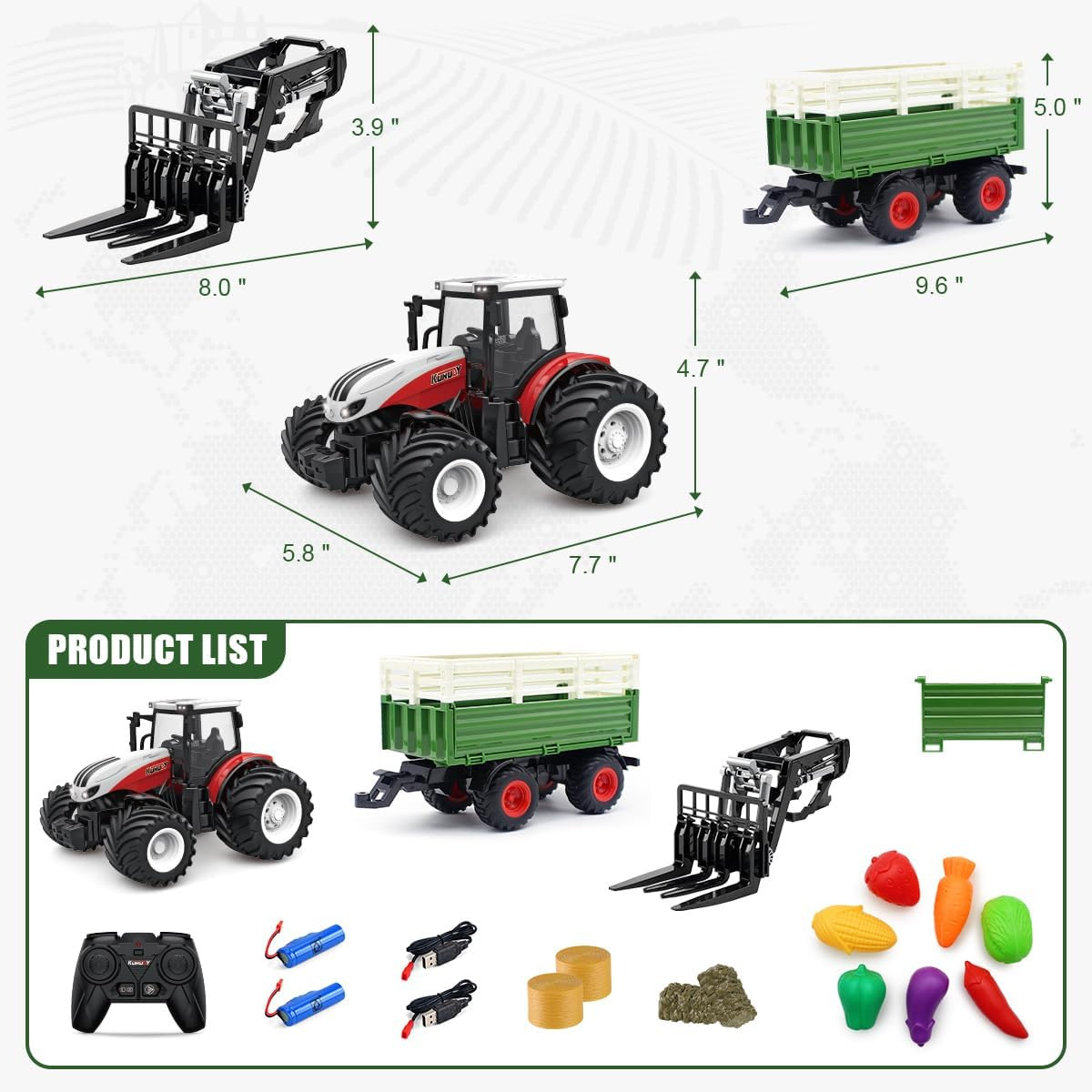 Remote Control Tractor Toy RC Farm Set with Trailer Front Forklift, 1/24 Scale 2