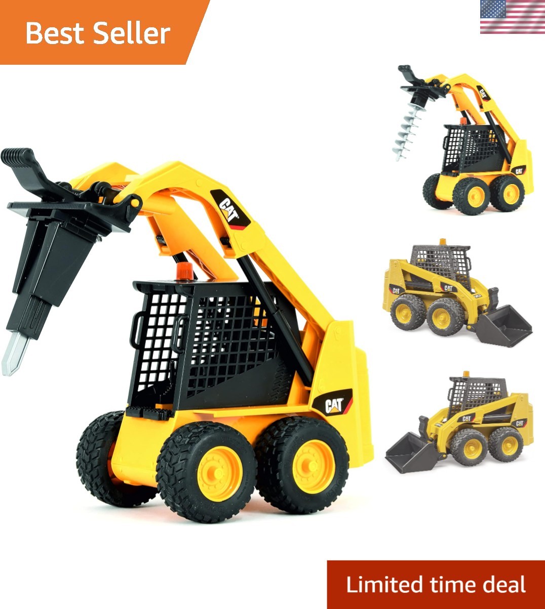 Kids’ Caterpillar Skid Steer Loader with Auger & Jackhammer, Perfect Indoor Play