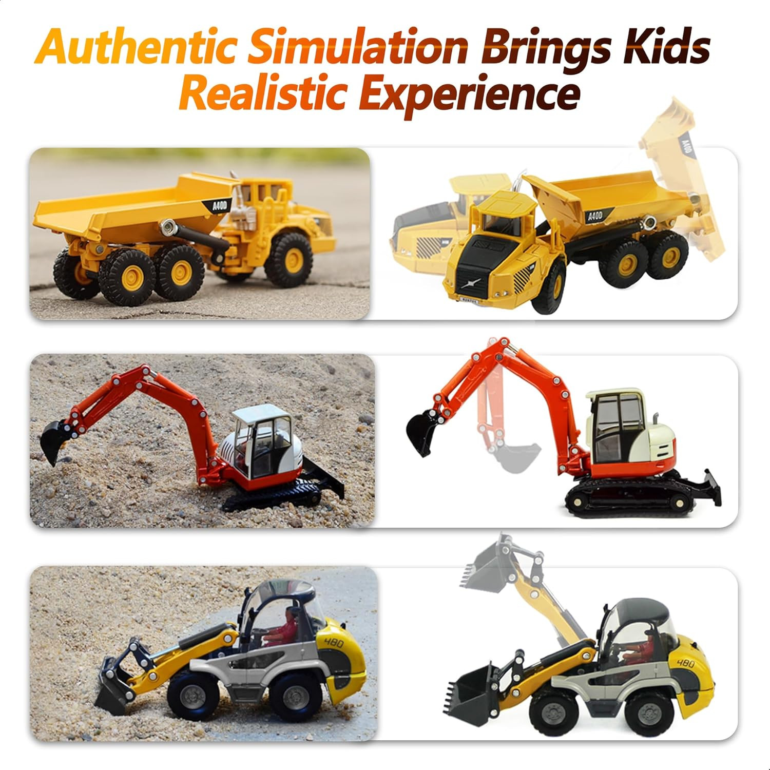 Heavy Duty Construction Site Playset, Metal Dump Truck, Excavator Digger Backhoe