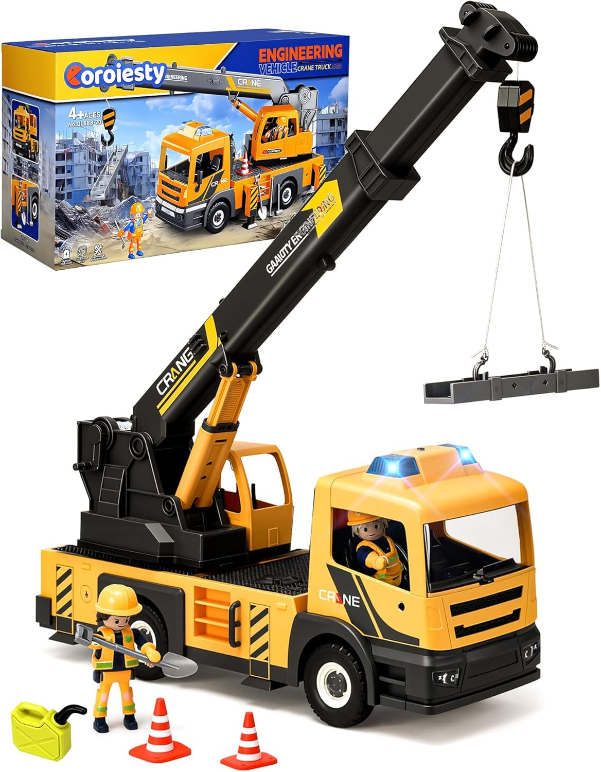 Large Crane Truck Toy with Extendable Crane Arm, Lights & Siren Sounds, Assemble