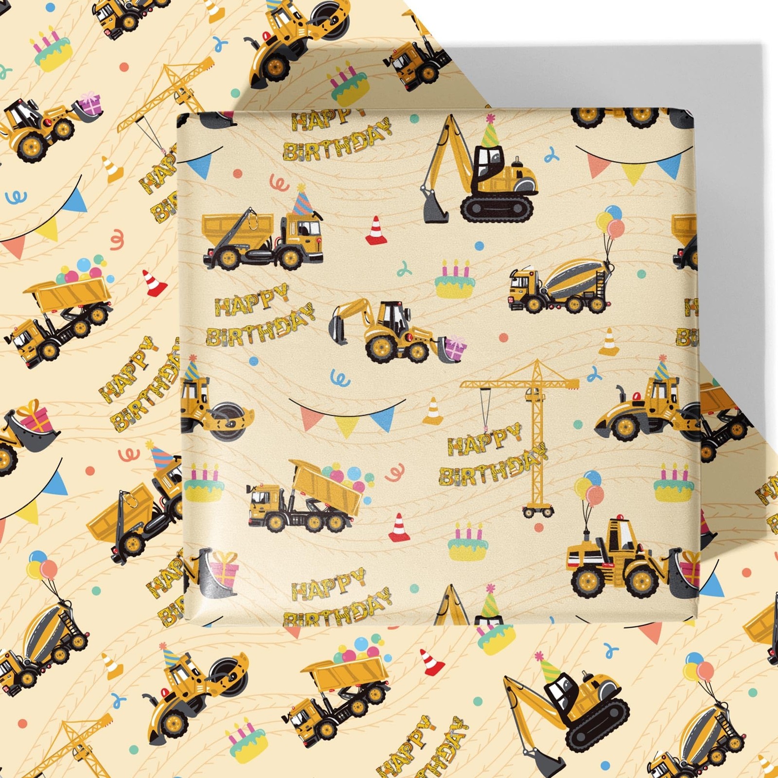 RiukRaiu Construction Wrapping Paper for Boys – Yellow Mixer Truck Crane B