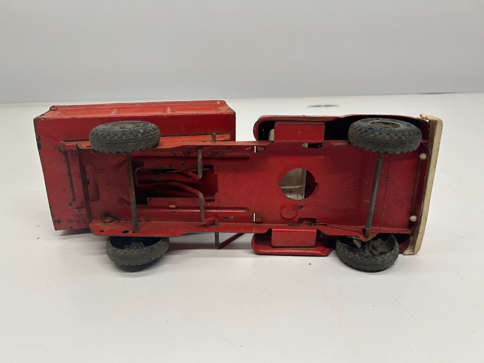 Vtg Buddy L c1960s Dump Truck Pressed Steel Toy Car Red 15″