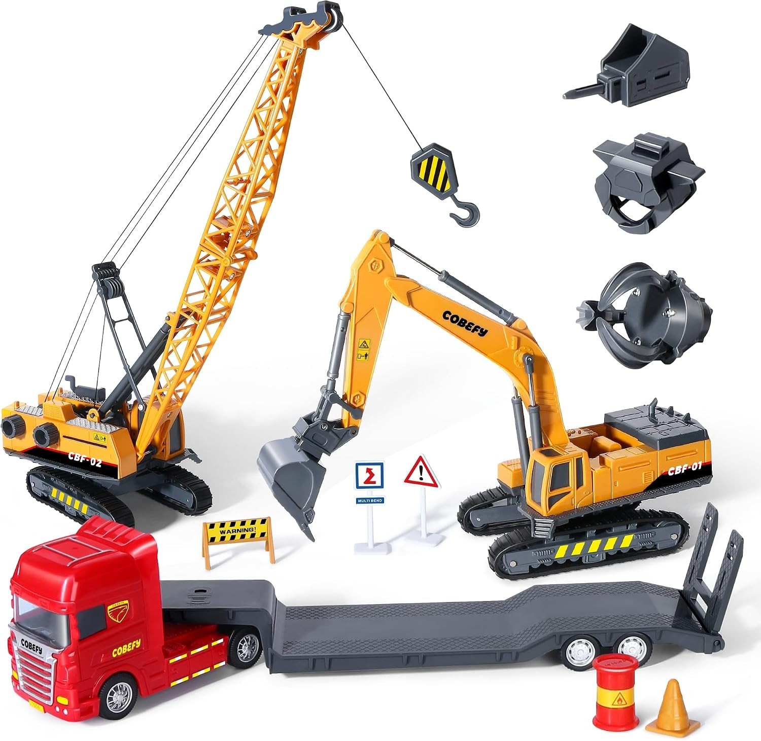 Kids Construction Trucks Set Excavator Crane Semi Truck Tractor Lowboy Trailer
