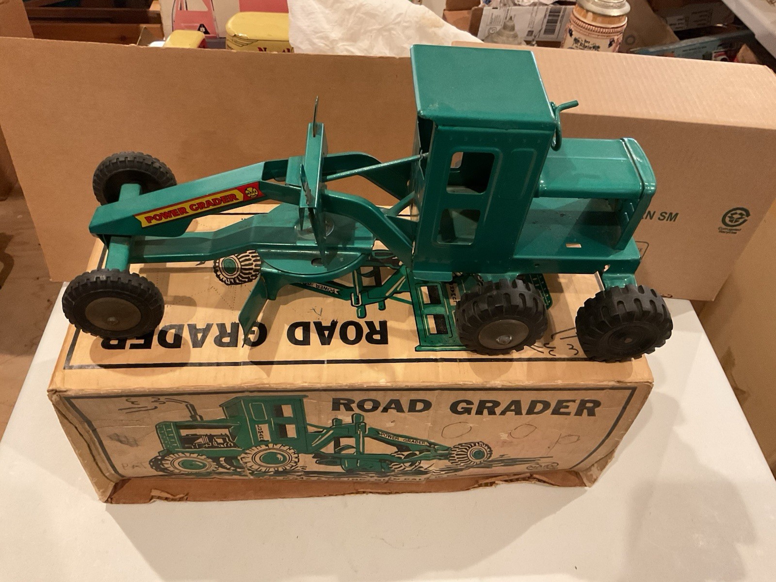 Vintage 1964 Louis Marx No. 1760 Pressed Steel Power Grader, Green, Original Box